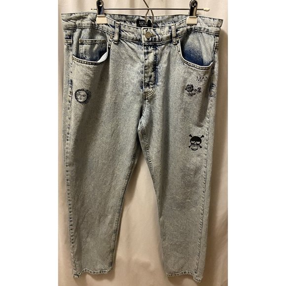 Boohoo Man  Mens 36X30 Jeans Grahic  Button Down Light Stone Wash - Picture 1 of 15